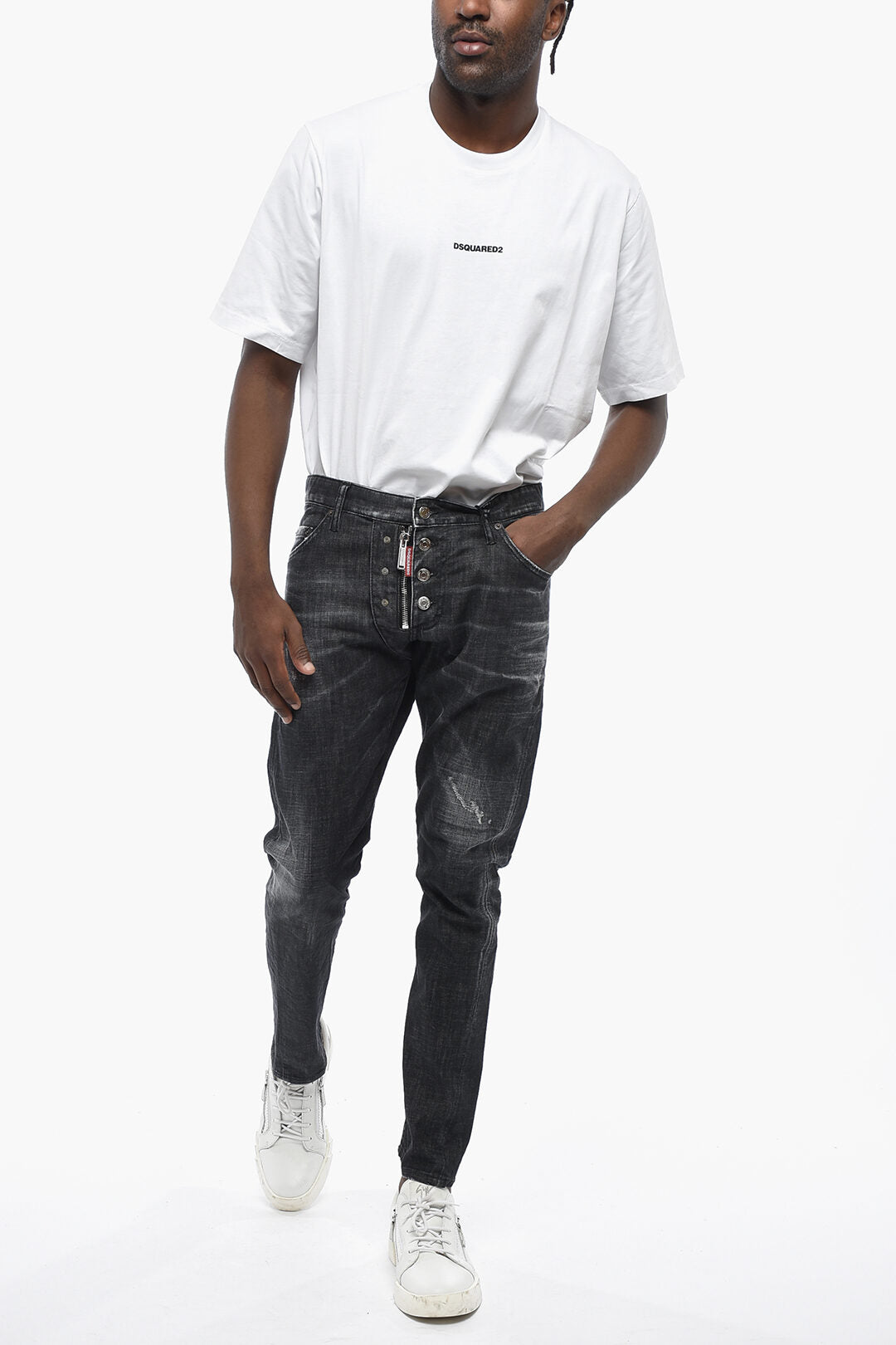Dsquared2 0470~Stonewashed Effect Jeans With Front Zip 16cm
