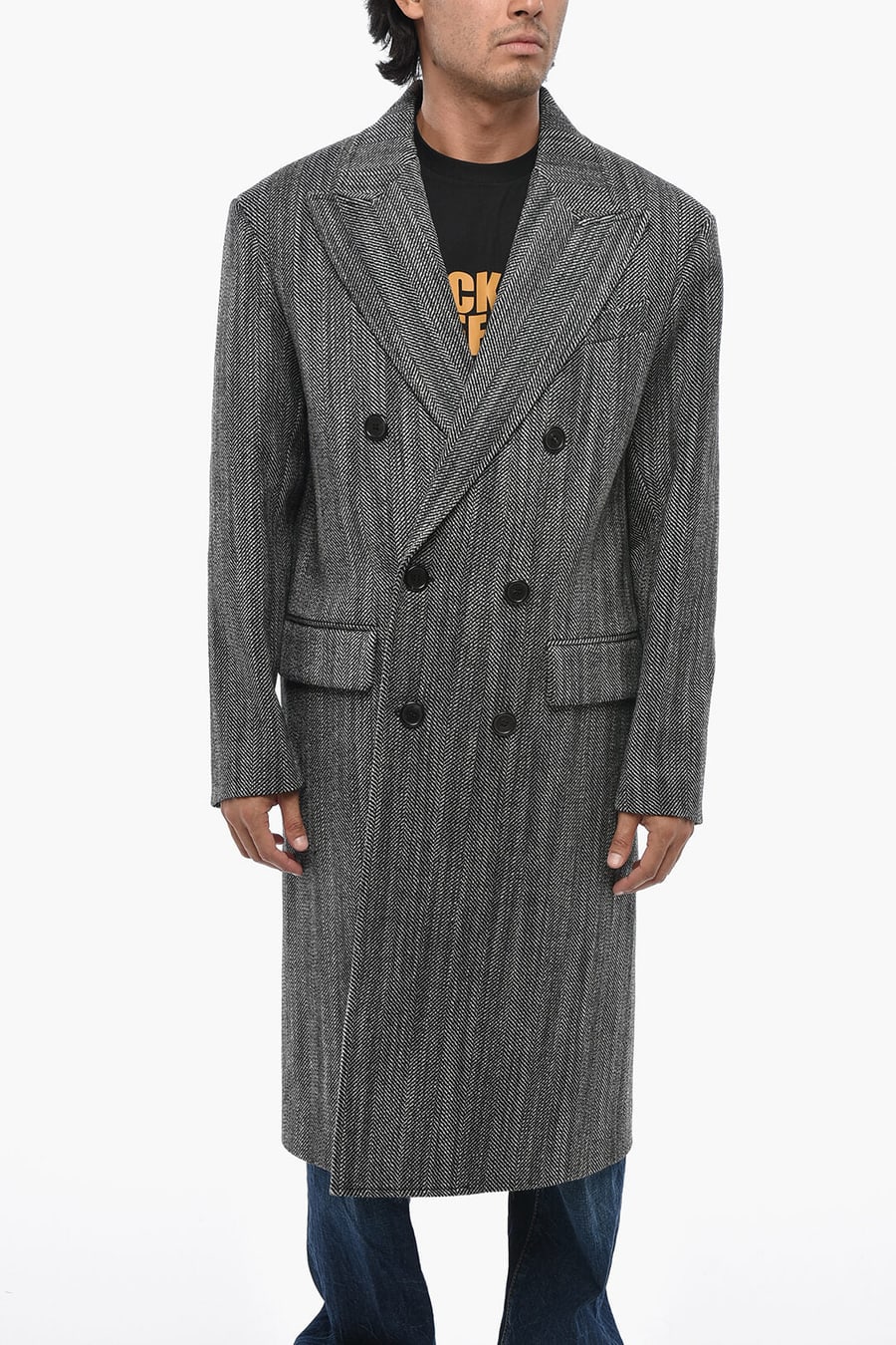 Dsquared2 0470~Virgin Wool Maxi Coat with Herringbone Pattern