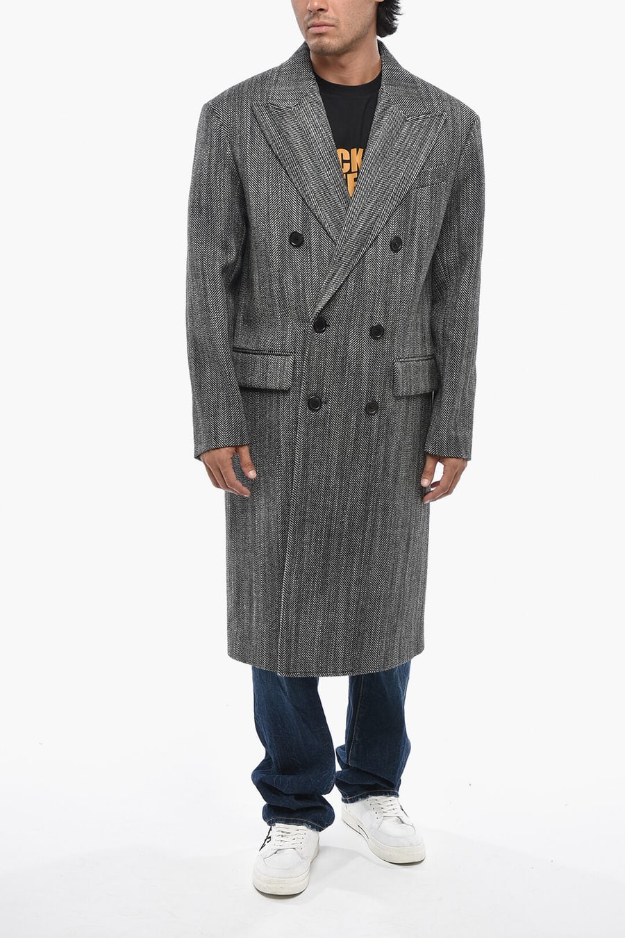 Dsquared2 0470~Virgin Wool Maxi Coat with Herringbone Pattern, view 3