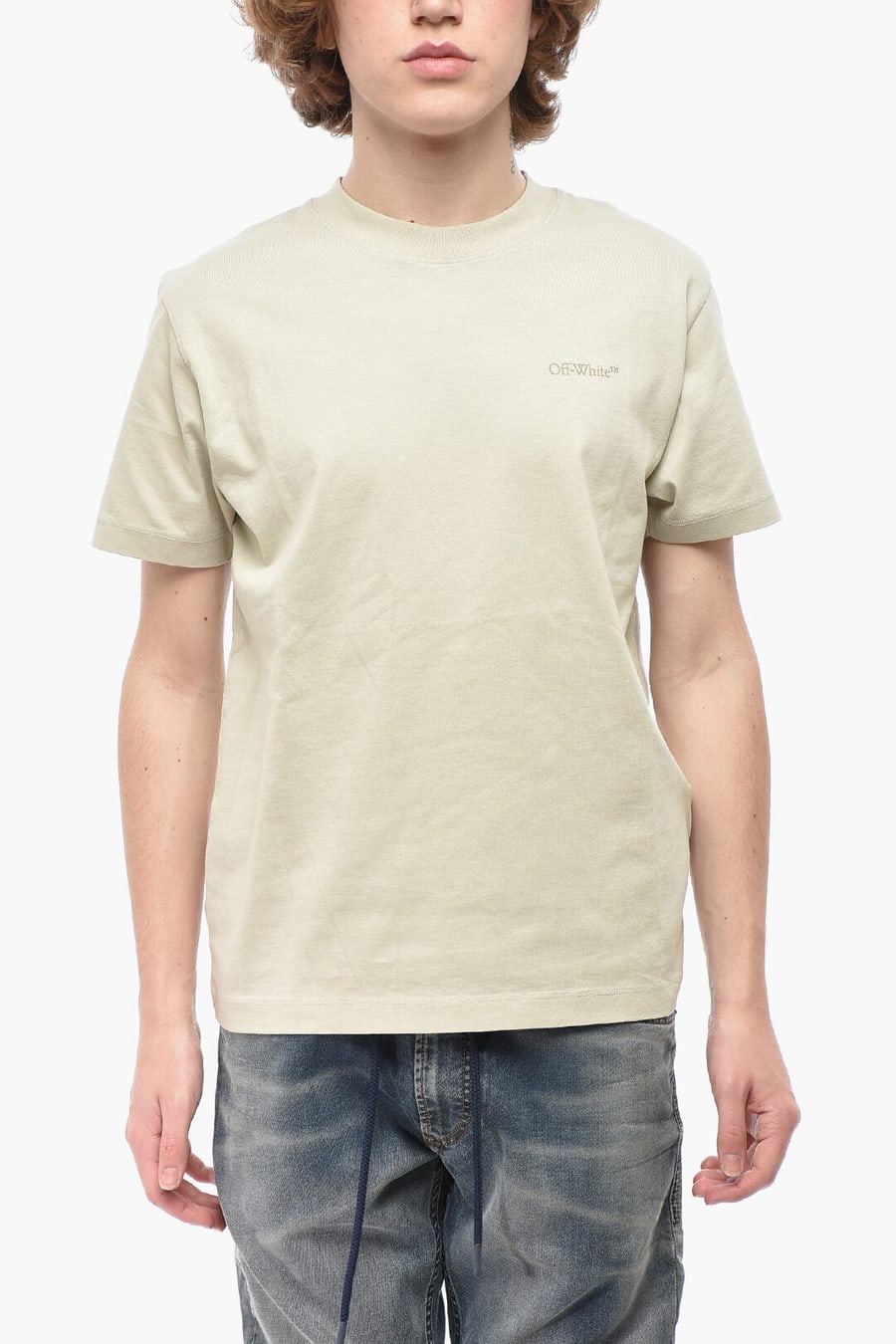 Off-White 0500~Cotton Crew Neck T-Shirt ARROW ISLAND With Tone-On-Tone Print