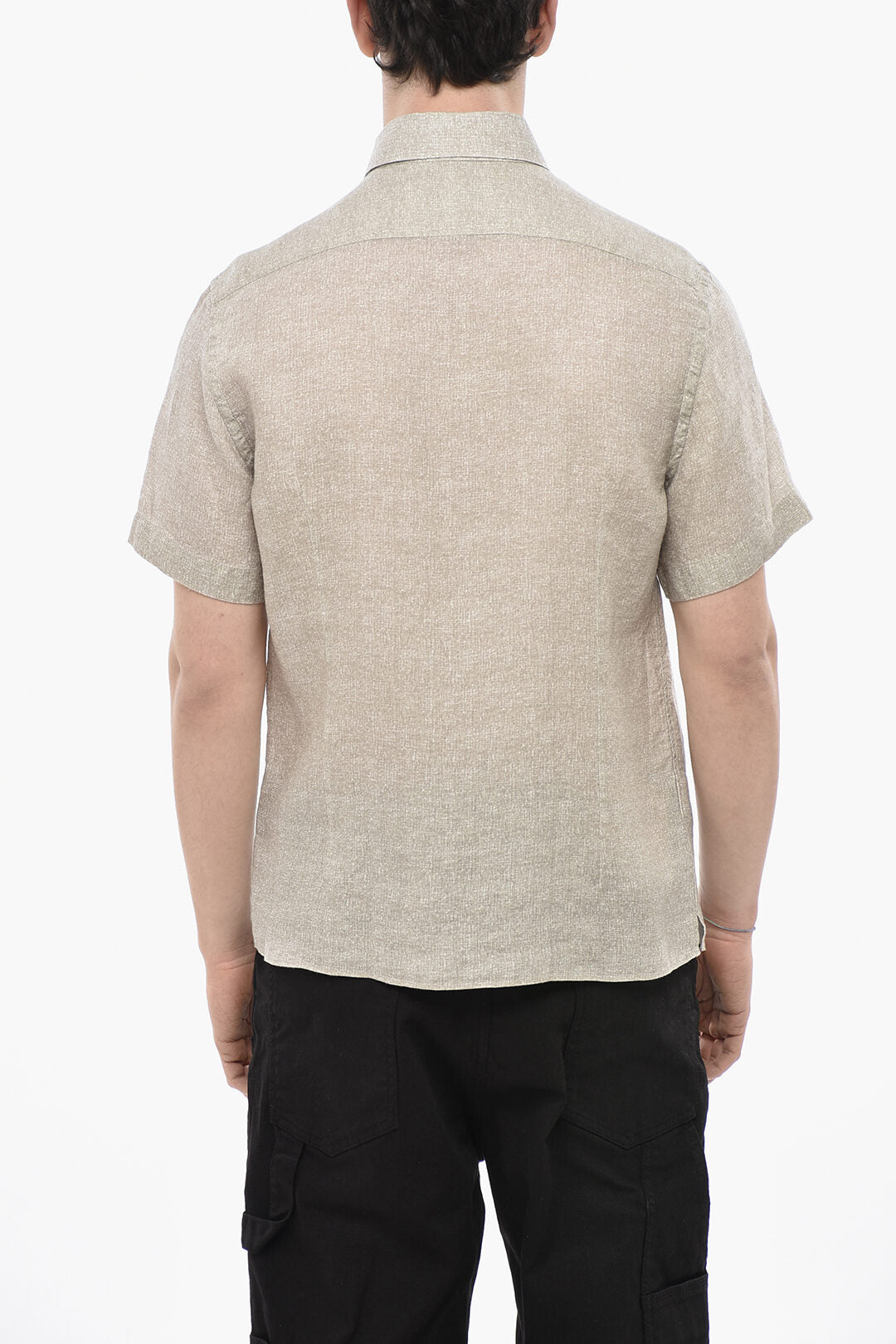Corneliani 0500~Linen Short-Sleeve Shirt With Contrast Print, view 2