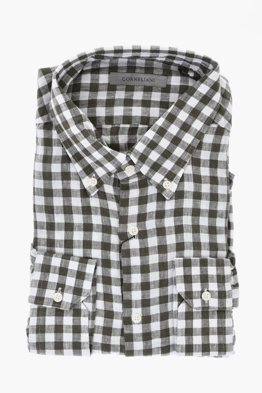 Corneliani 0850~Checked Linen Shirt with Button-Down Collar