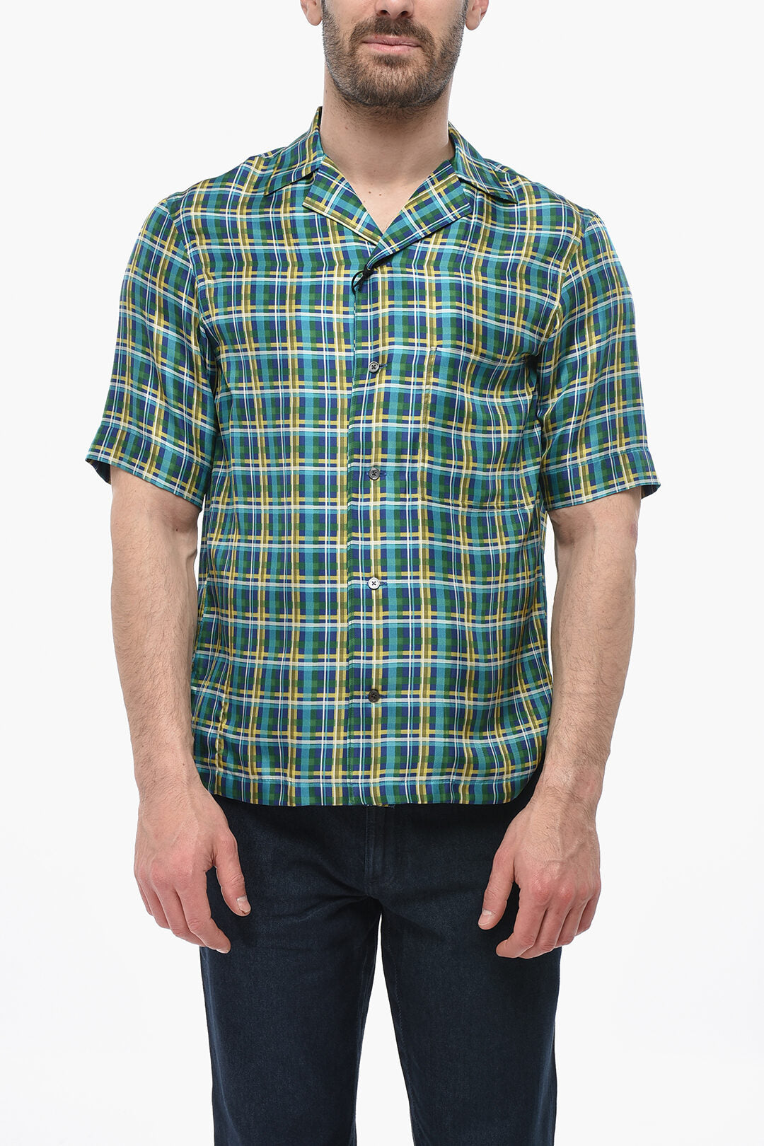 Corneliani 1250~CIRCLE Silk Satin Checked Bowling Shirt