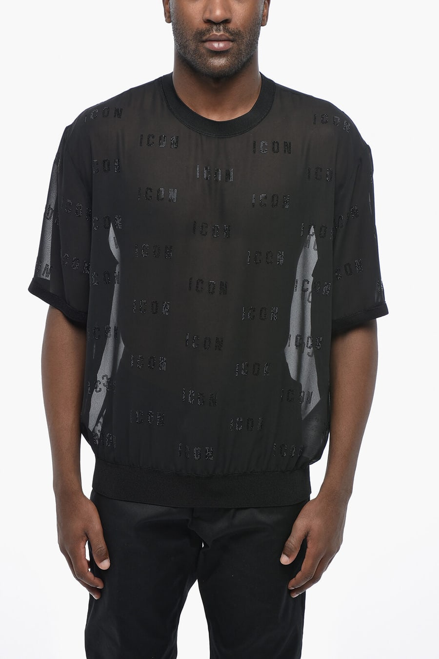 Dsquared2 1500~ICON Transparent Organza Crewneck T-Shirt with Rhinestone Details