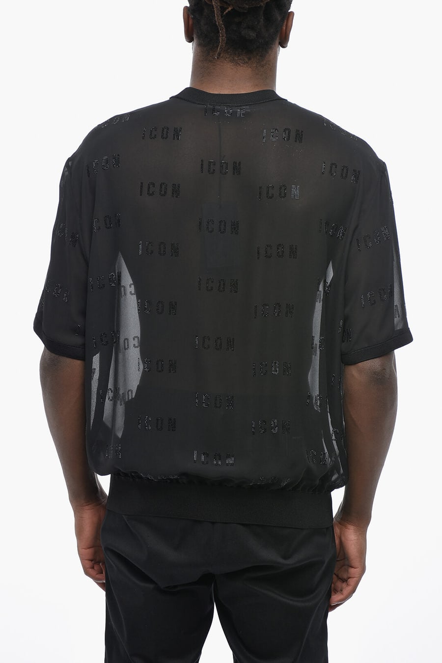 Dsquared2 1500~ICON Transparent Organza Crewneck T-Shirt with Rhinestone Details, view 2