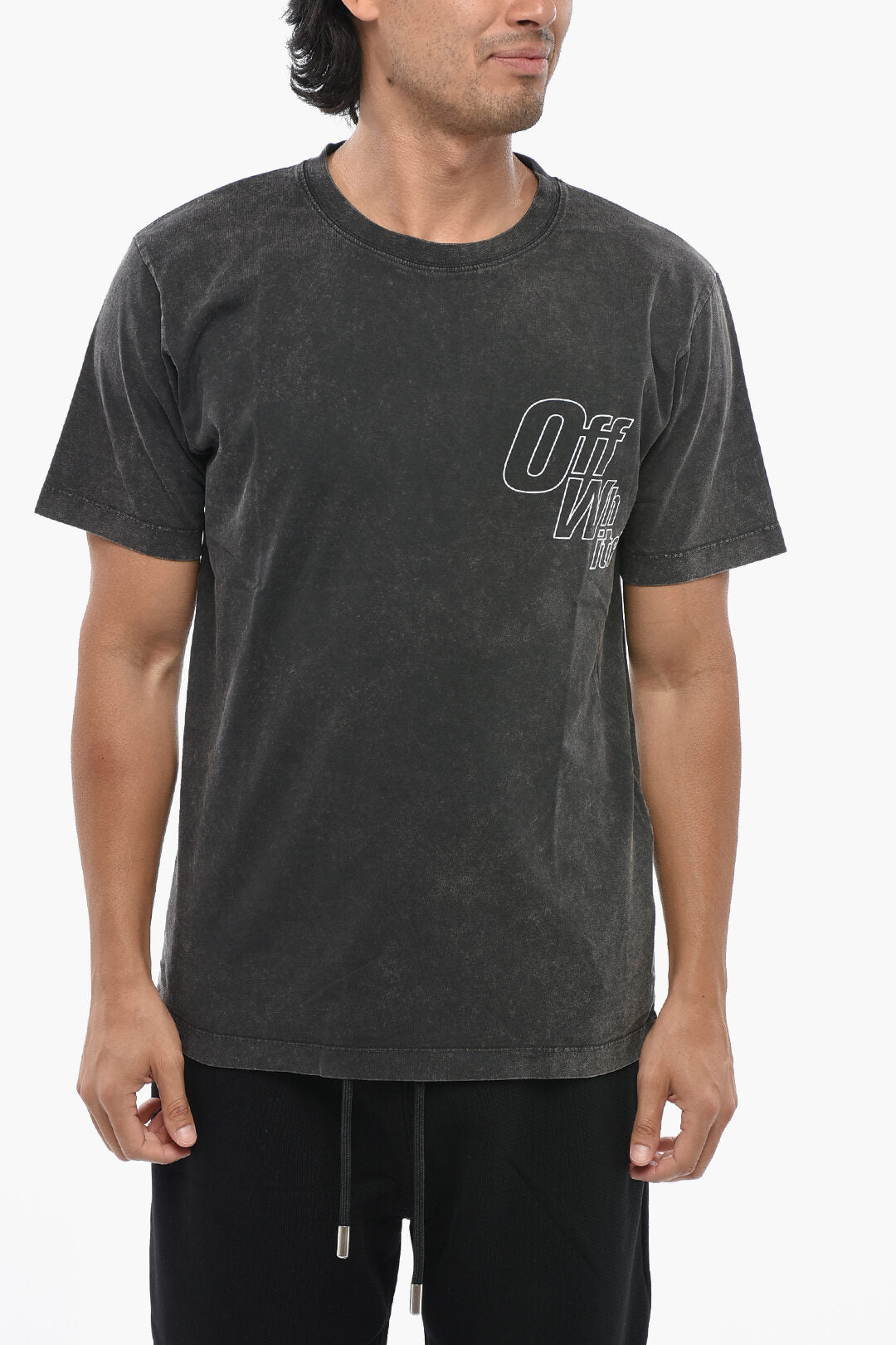 Off-White 1500~Slim Fit Crew Neck T-Shirt OUTLINE ARROW Acid-Wash Effect