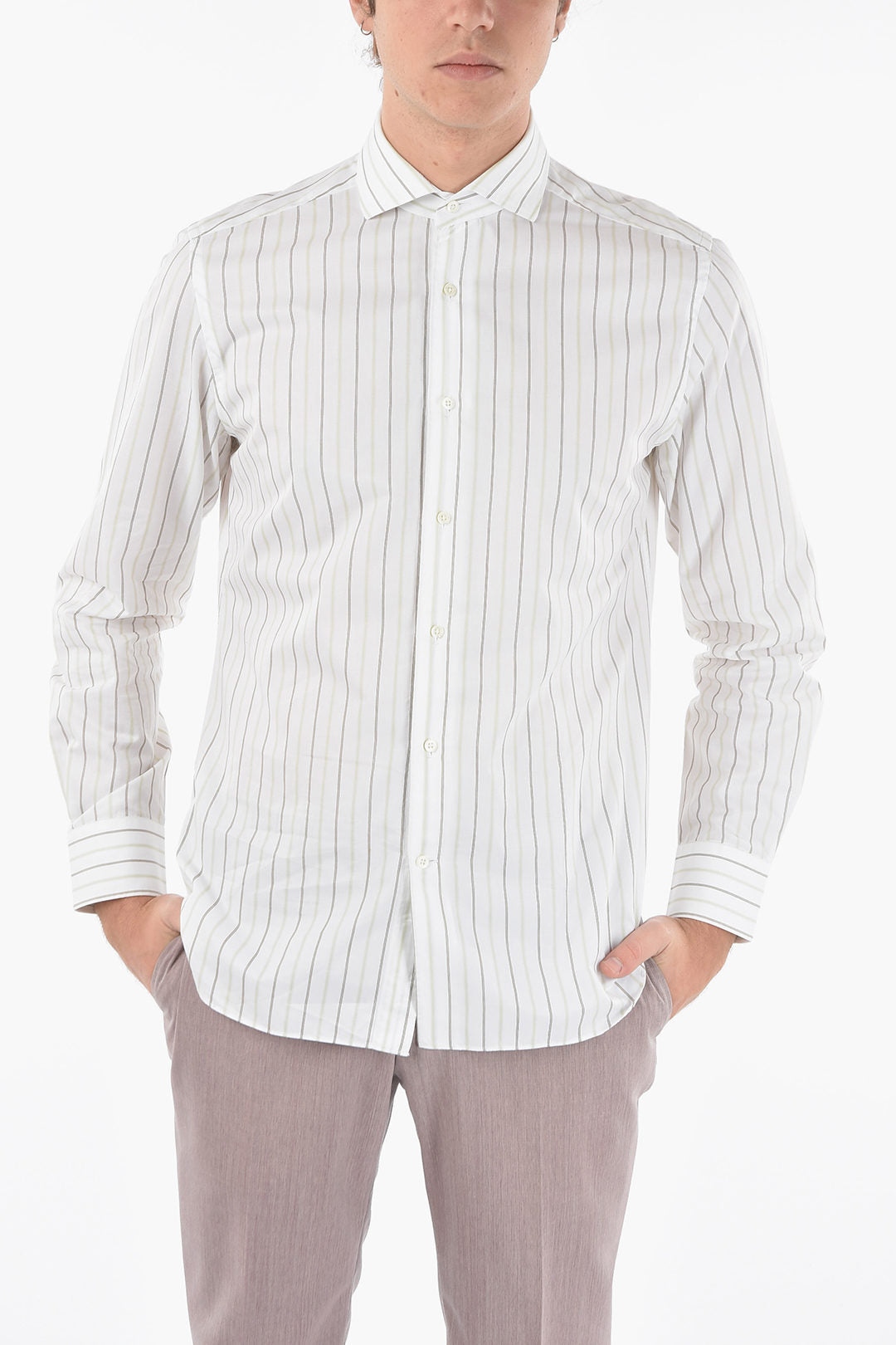 Corneliani 2405~Balanced Striped Cotton Shirt With Spread Collar
