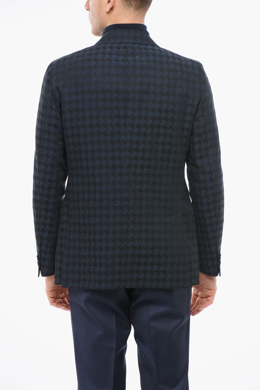 Corneliani 2405~Linen-Blend Double-Breasted Blazer With Houndstooth Pattern