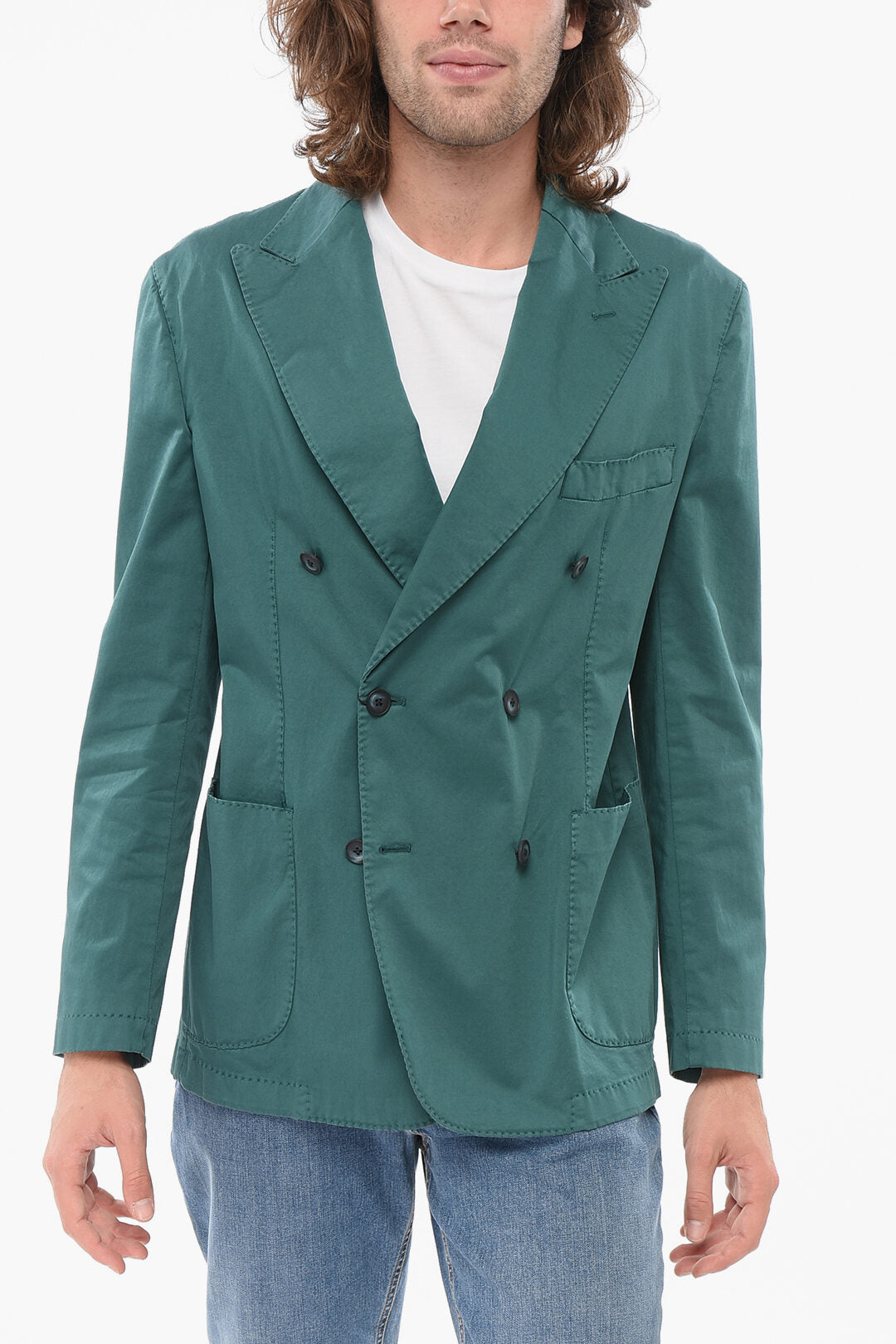 Corneliani 2850~CC COLLECTION Stretch Cotton Double-Breasted Jacket with Single Vent and Peak Lapels