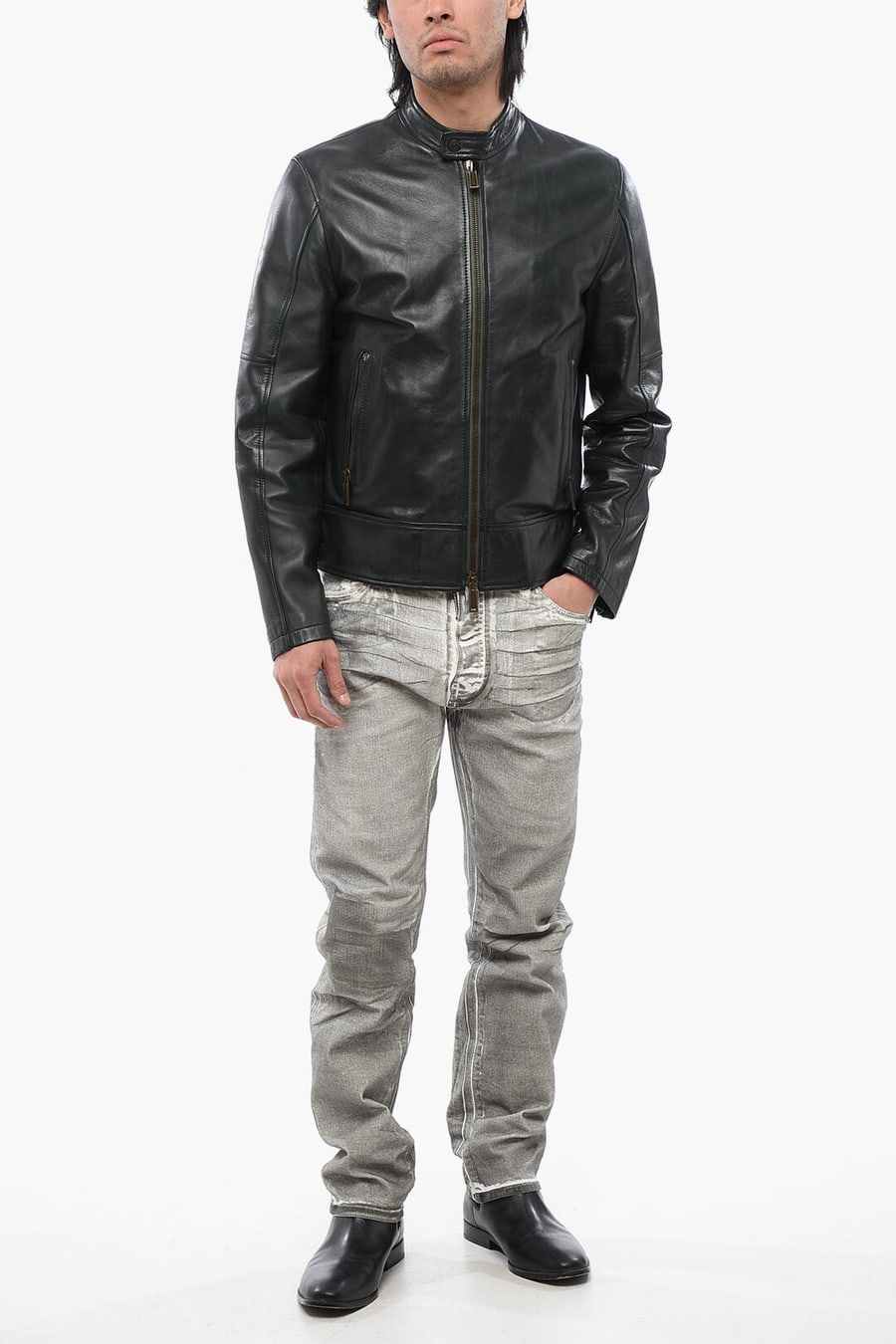 Dsquared2 2850~Leather Jacket with Buttoned Collar, view 4