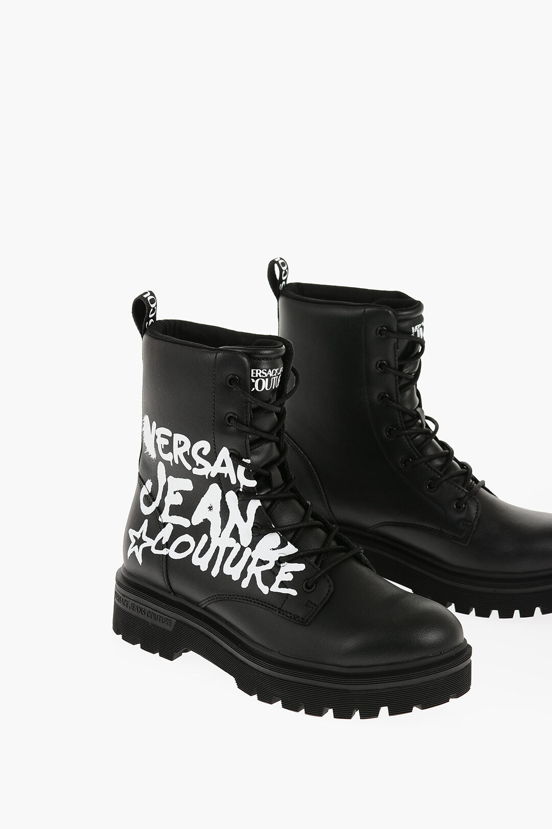 Versace 1500~JEANS COUTURE Leather Combat Boots SYRIUS with Contrast Print, 4cm