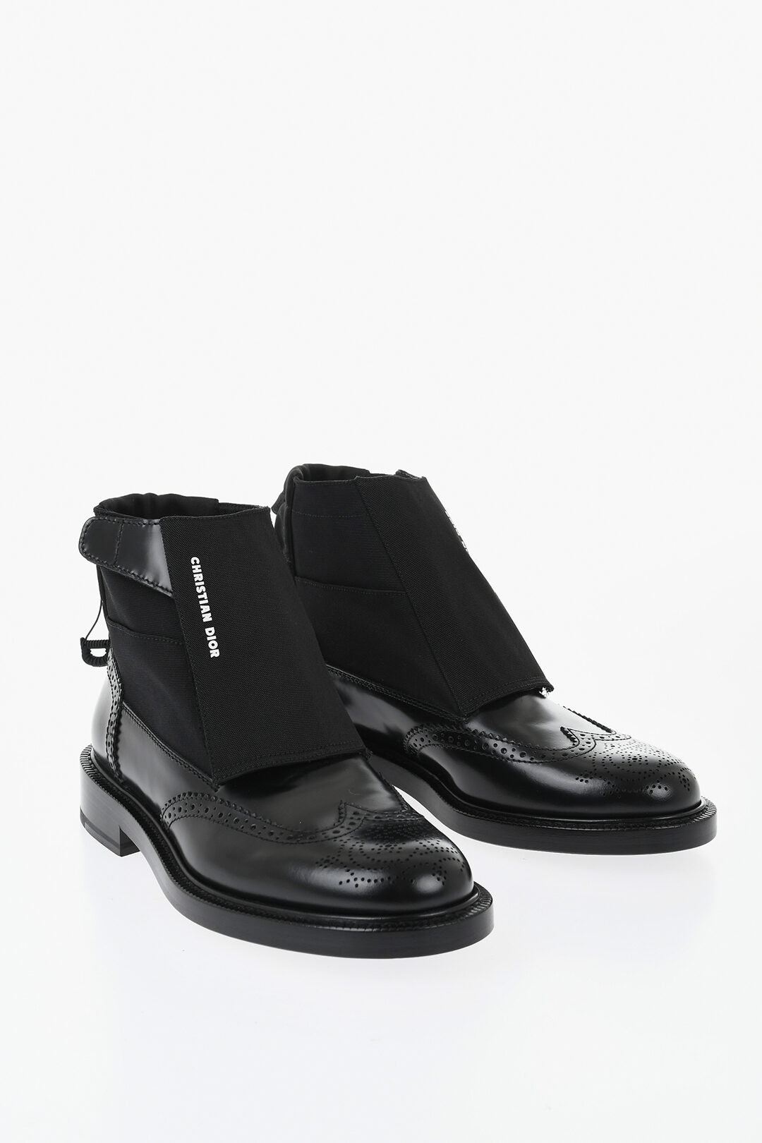 Dior 1500~Leather And Fabric Derby Brogue Ankle Boots With Velcro Closure And Adjustable Drawstring