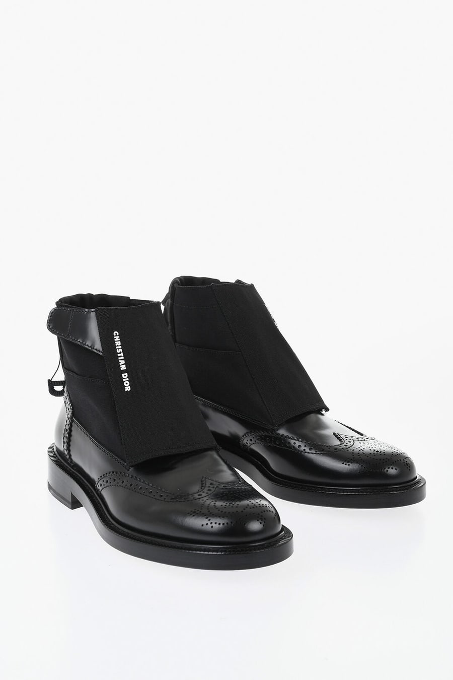 Dior 1500~Leather And Fabric Derby Brogue Ankle Boots With Velcro Closure And Adjustable Drawstring