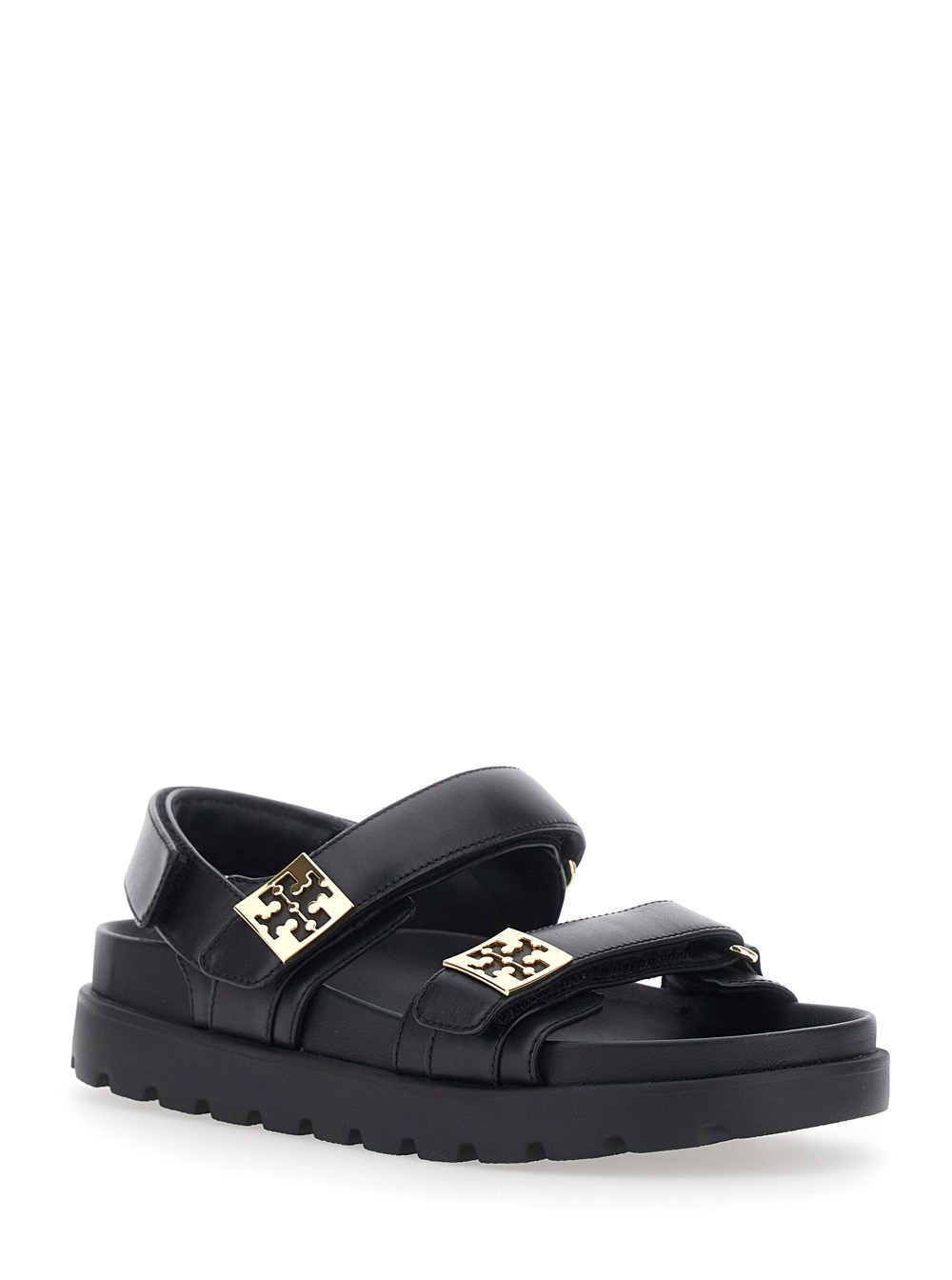 Tory Burch Sandali con chiusura regolabile e placche con logo in pelle neri donna, view 2
