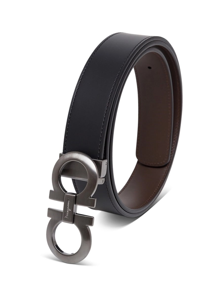 Ferragamo Cintura in Pelle Bicolor con Fibbia Gancini sul Fronte in Pelle Nera e Marrone Uomo, view 3