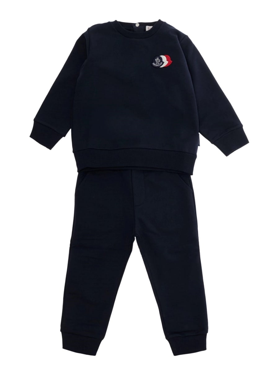 Moncler kids Completo con maglia e pantaloni con patch logo in tessuto blu baby