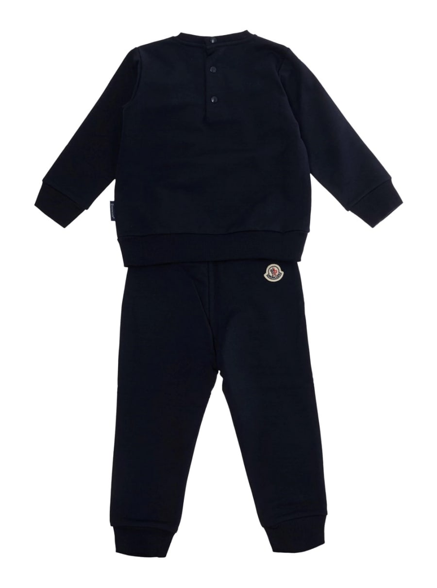 Moncler kids Completo con maglia e pantaloni con patch logo in tessuto blu baby, view 2