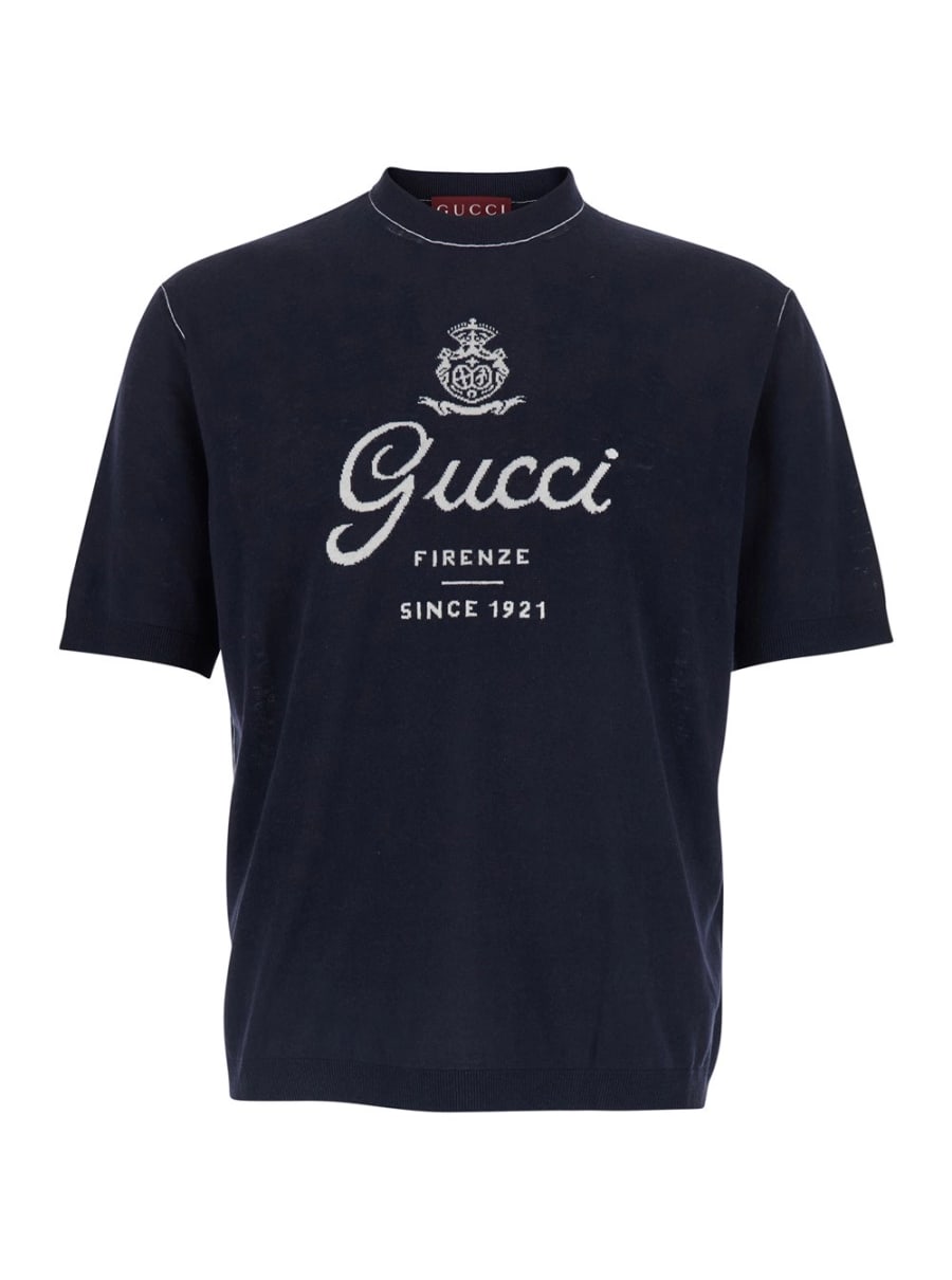 Gucci Maglia con Collo Rotondo e Logo Lettering sul Fronte in Lana Blu Uomo