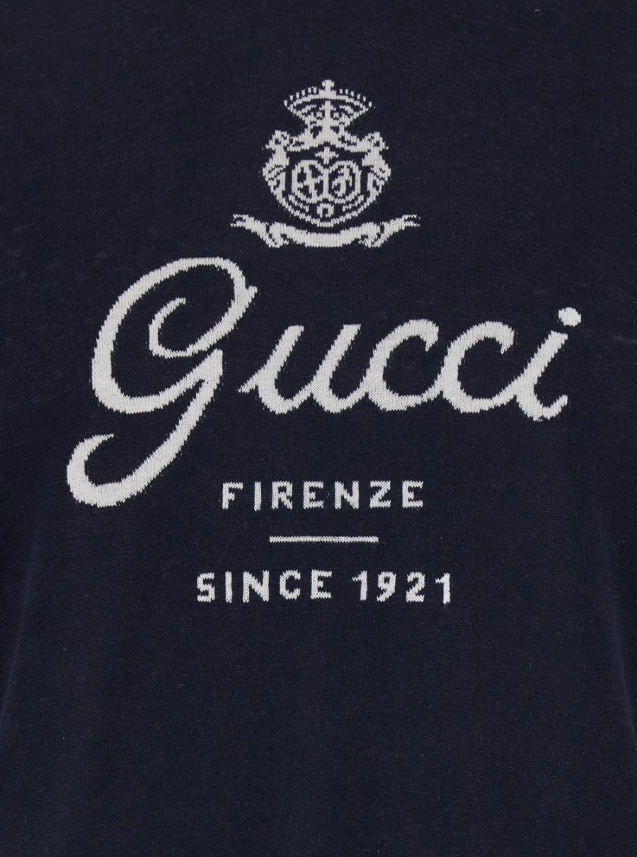 Gucci Maglia con Collo Rotondo e Logo Lettering sul Fronte in Lana Blu Uomo, view 3