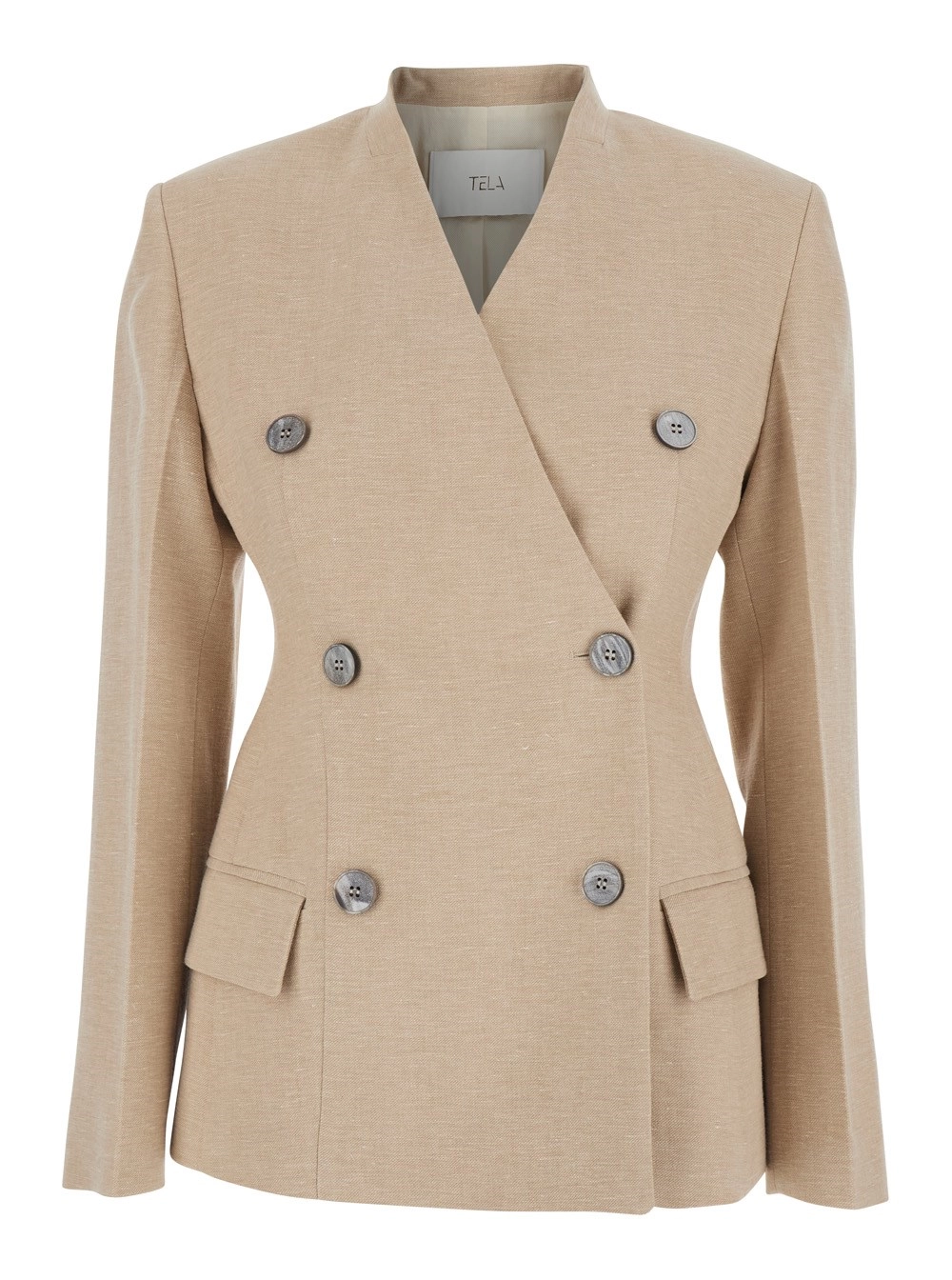 Tela Giacca doppiopetto con scollo a V in misto lino e cotone beige donna