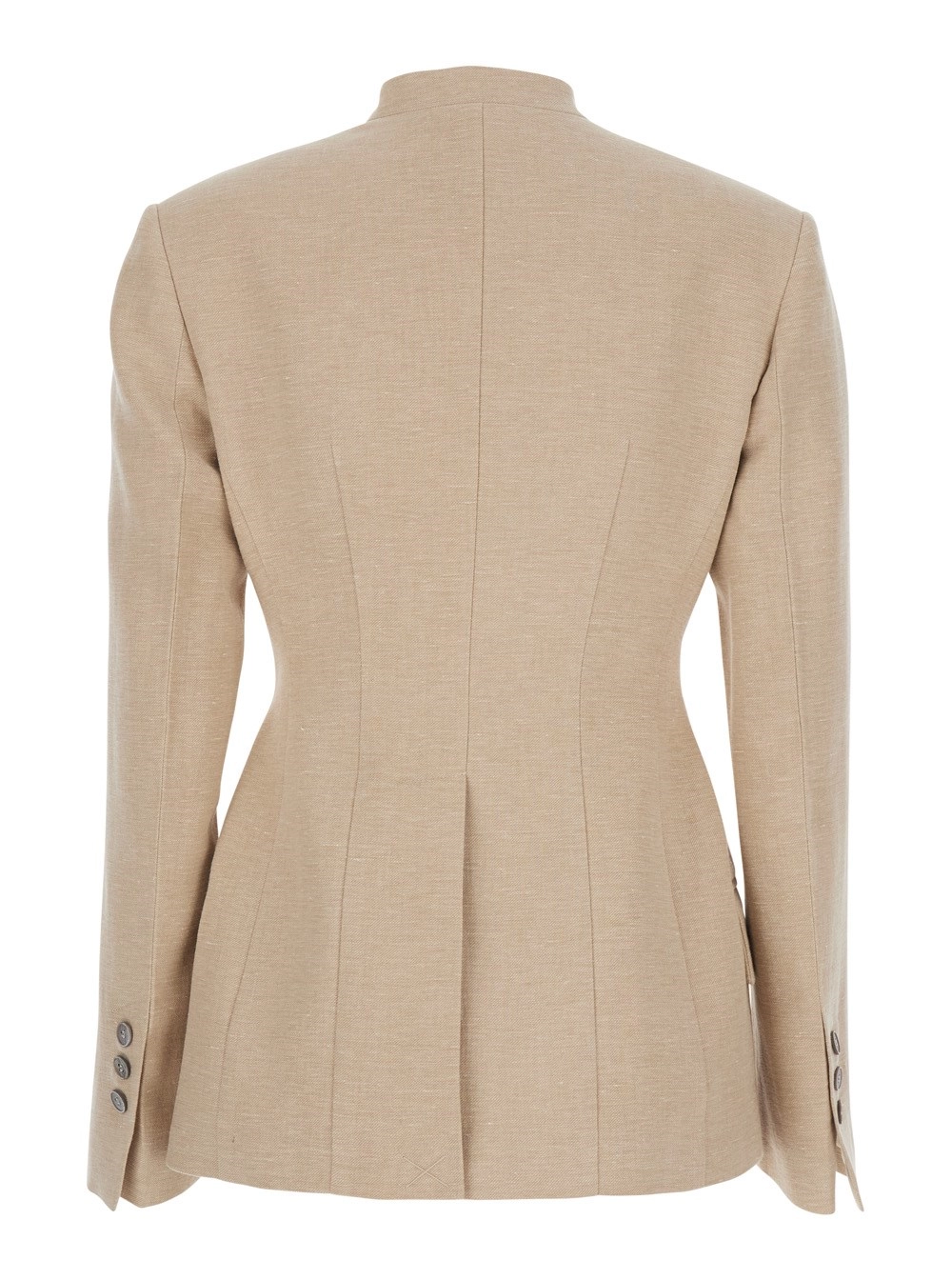 Tela Giacca doppiopetto con scollo a V in misto lino e cotone beige donna, view 2