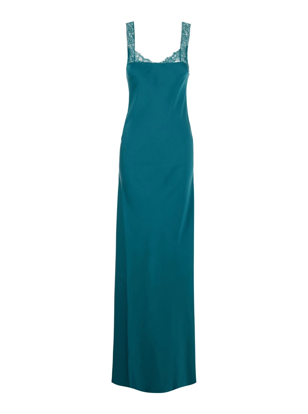 Forte_Forte Abito Lungo con Spalline Fisse e Dettaglio in Pizzo su Spalline e Collo in Misto Viscosa Blu Donna