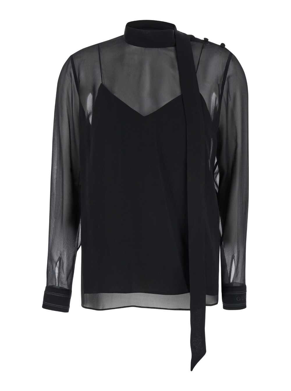 Gucci Blusa a Collo Alto con Fiocco in Georgette di Seta Nera Donna
