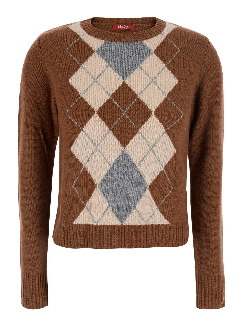 Max Mara Studio Maglione 'Faraone' corto girocollo con motivo a rombi sul fronte in lana e cashmere marrone donna