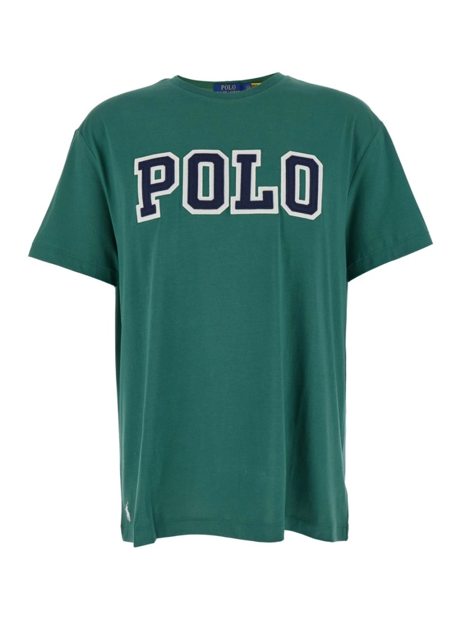 Polo Ralph Lauren T-Shirt Girocollo con Maxi Logo Lettering sul Fronte e Ricamo Cavallino sul Fronte in Cotone Verde Uomo