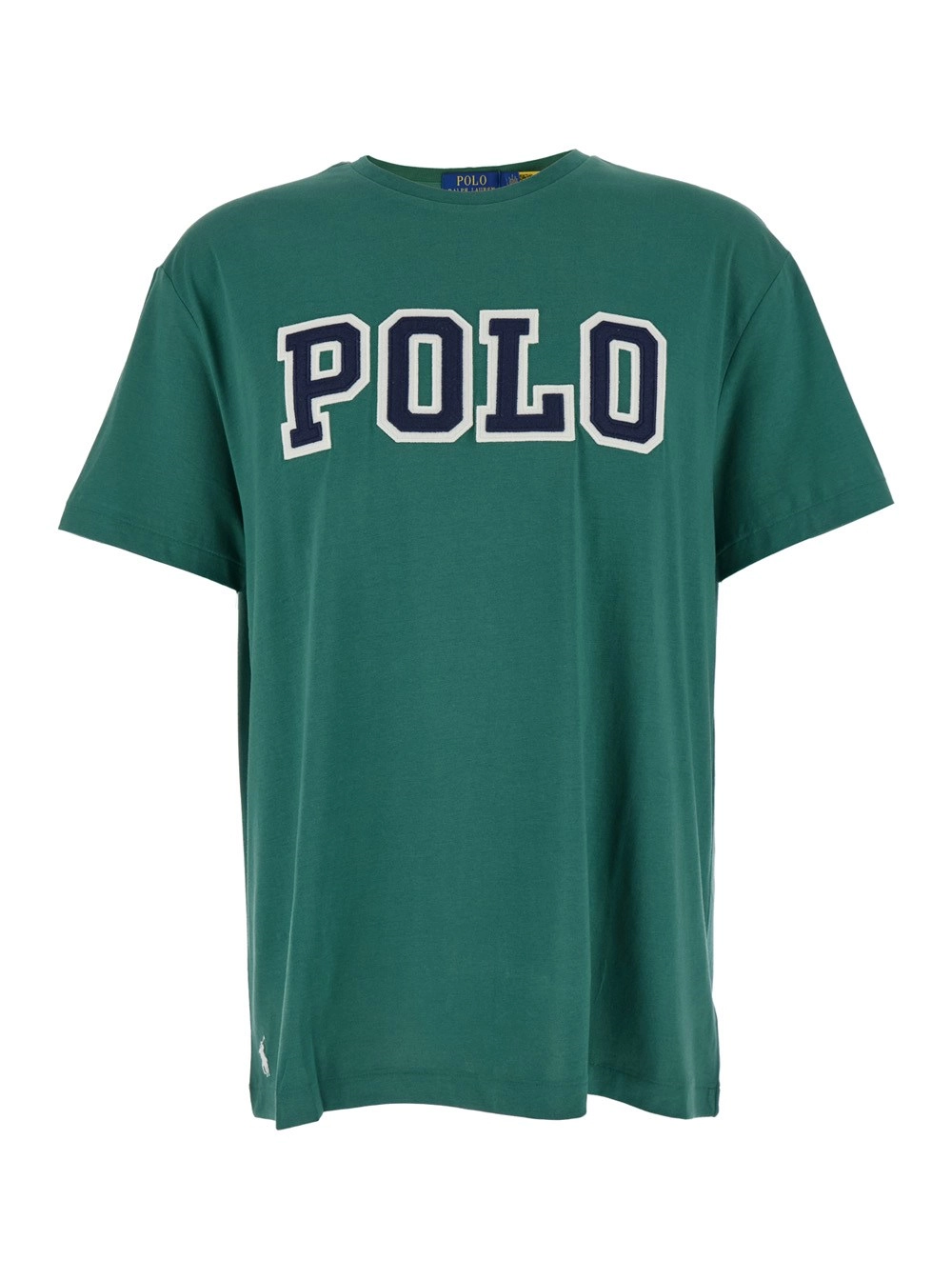 Polo Ralph Lauren T-Shirt Girocollo con Maxi Logo Lettering sul Fronte e Ricamo Cavallino sul Fronte in Cotone Verde Uomo