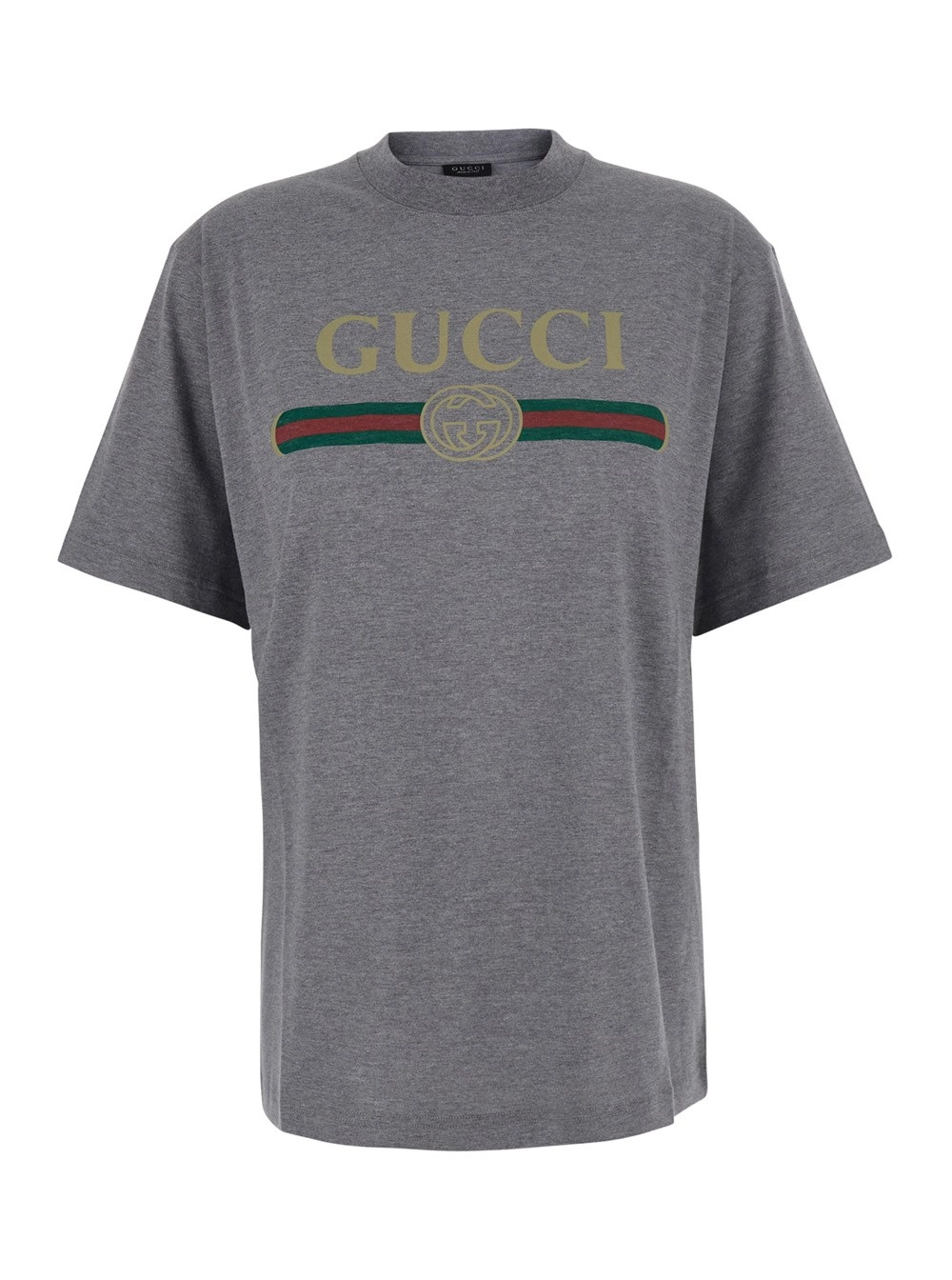 Gucci T-shirt girocollo con stampa logo sul fronte in cotone grigia donna