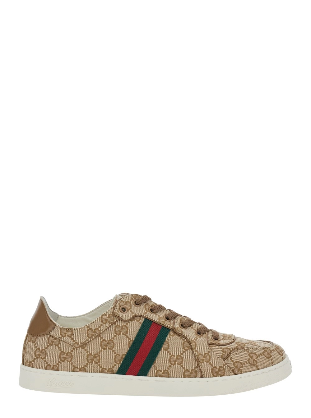 Gucci Sneaker Low Top con Dettaglio Web sul Lato e Placca GG sul Fronte in Tessuto GG Supreme Beige Uomo