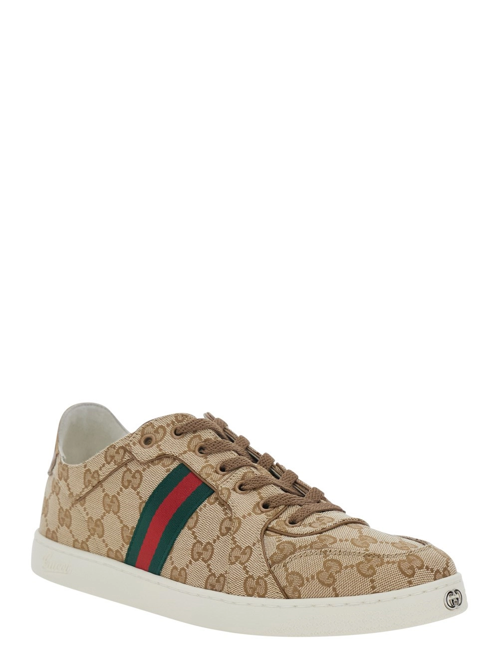 Gucci Sneaker Low Top con Dettaglio Web sul Lato e Placca GG sul Fronte in Tessuto GG Supreme Beige Uomo, view 2