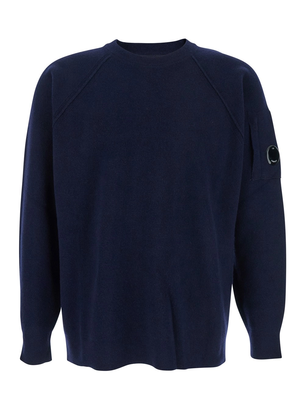 C.P. Company Maglione Girocollo con Logo Compass sulla Manica in Misto Lana Blu Uomo