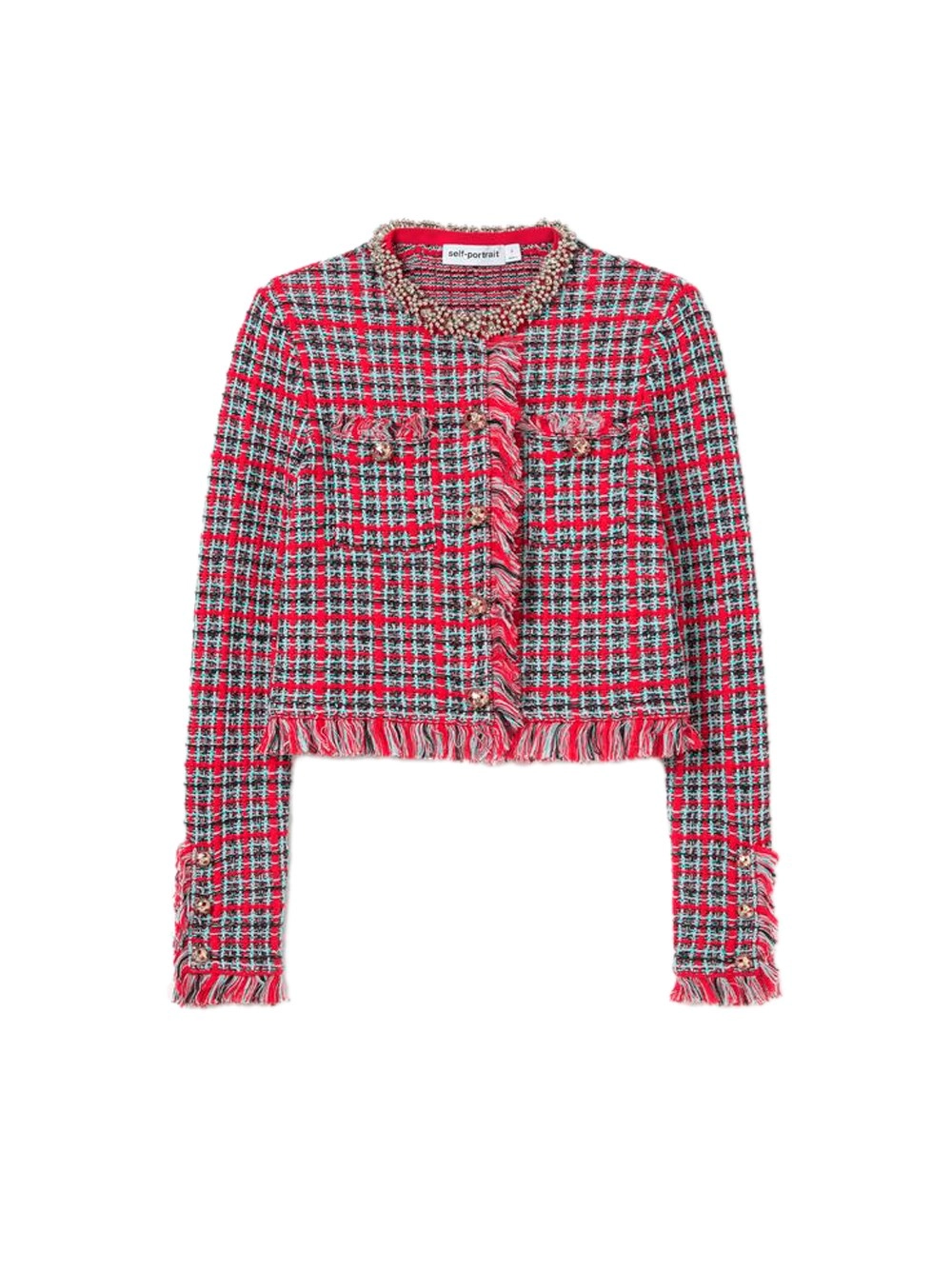 self-portrait Check Frayed Knit Jacket