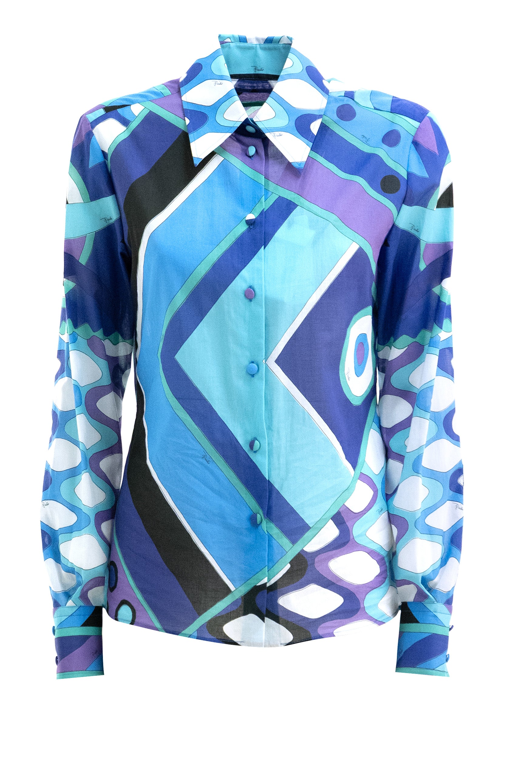 EMILIO PUCCI Camicia in cotone con stampa Vivara di colore turchese e blu