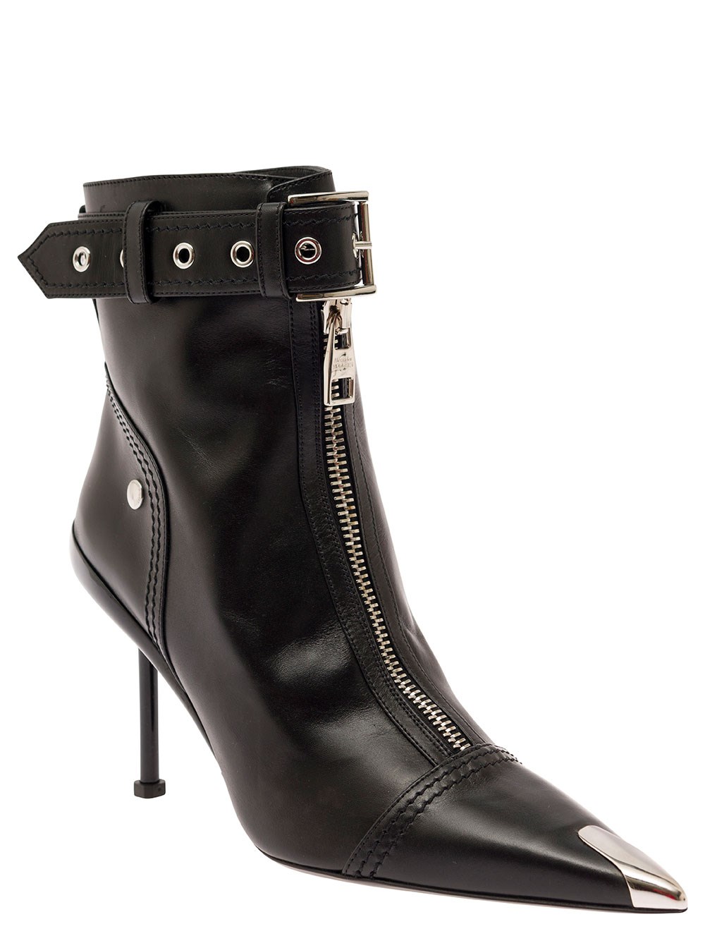 Alexander McQueen Stivaletti con Fibbia e Chiusura a Zip in Pelle Nero Donna, view 2