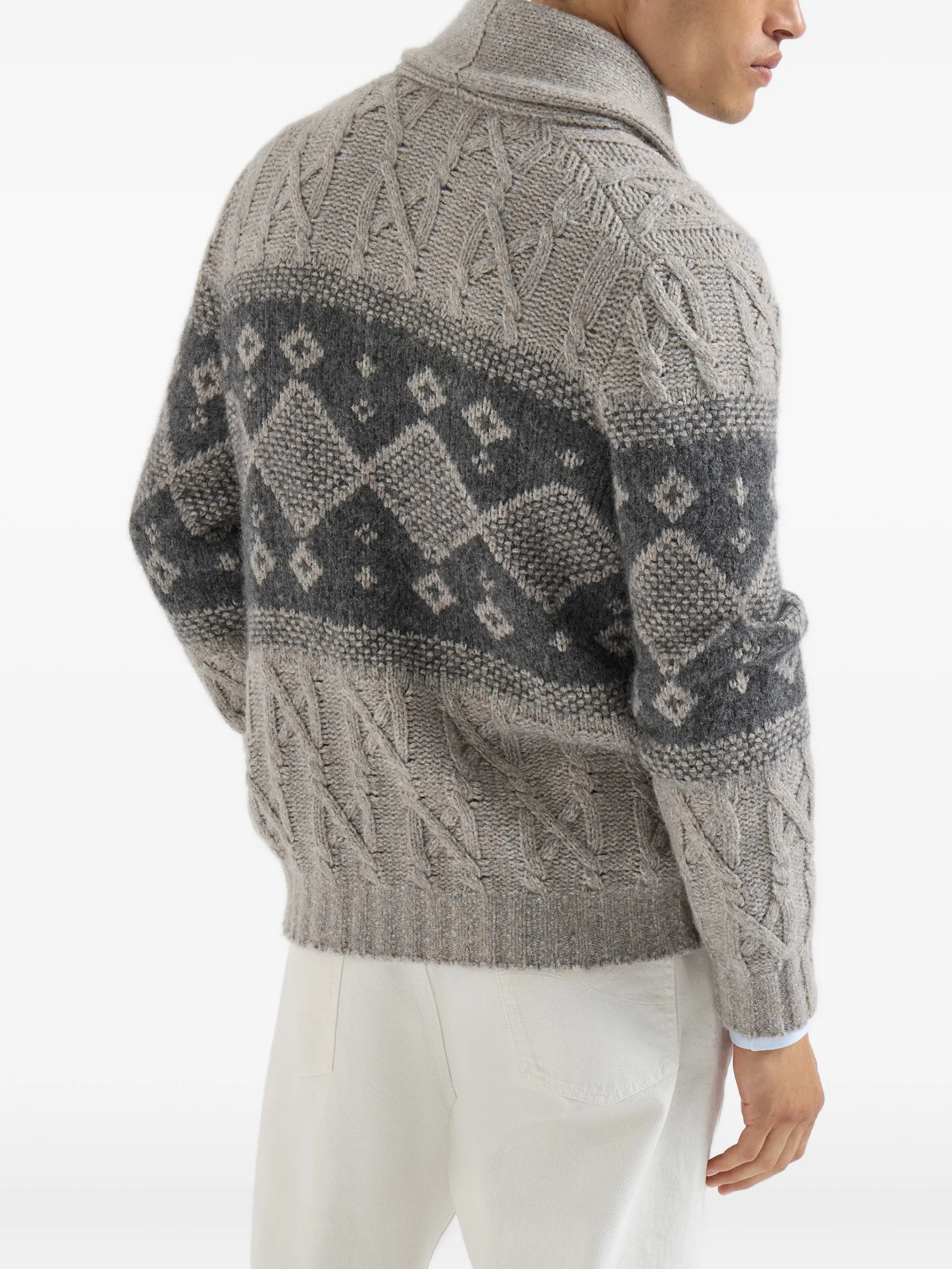 Brunello Cucinelli Brunello Cucinelli Virgin-wool, Silk And Cashmere Chiné Cable-knit Cardigan With Intarsia, view 2