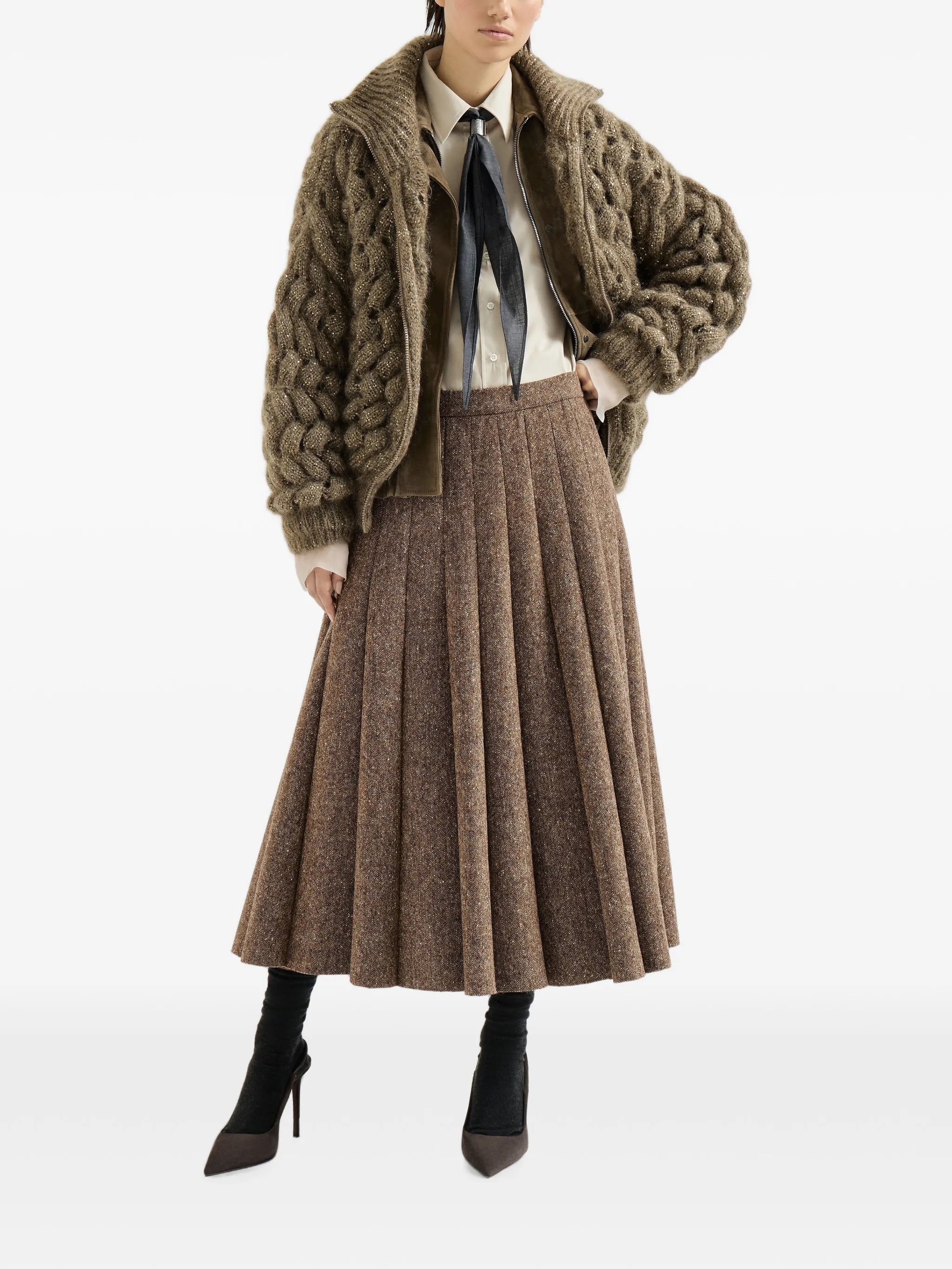 Brunello Cucinelli Brunello Cucinelli Virgin Wool Donegal Pleated Skirt, view 2