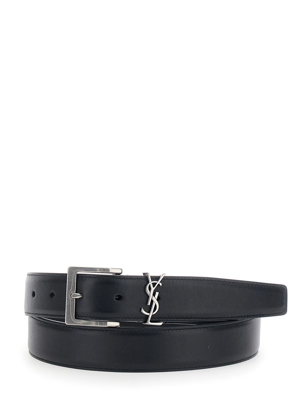 Saint Laurent Cintura con Placca Cassandre sul Fronte e Chiusura con Fibbia Regolabile in Pelle Nera Uomo