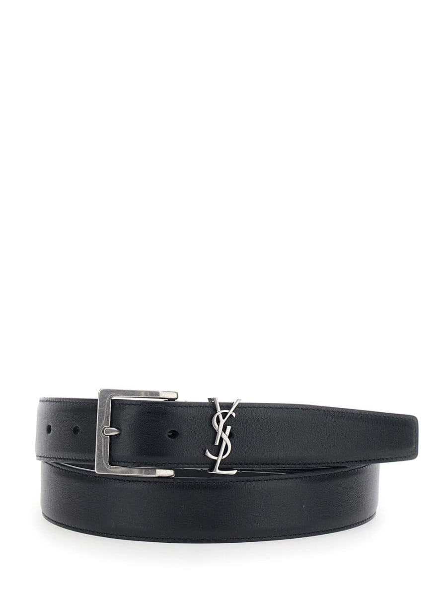 Saint Laurent Cintura con Placca Cassandre sul Fronte e Chiusura con Fibbia Regolabile in Pelle Nera Uomo