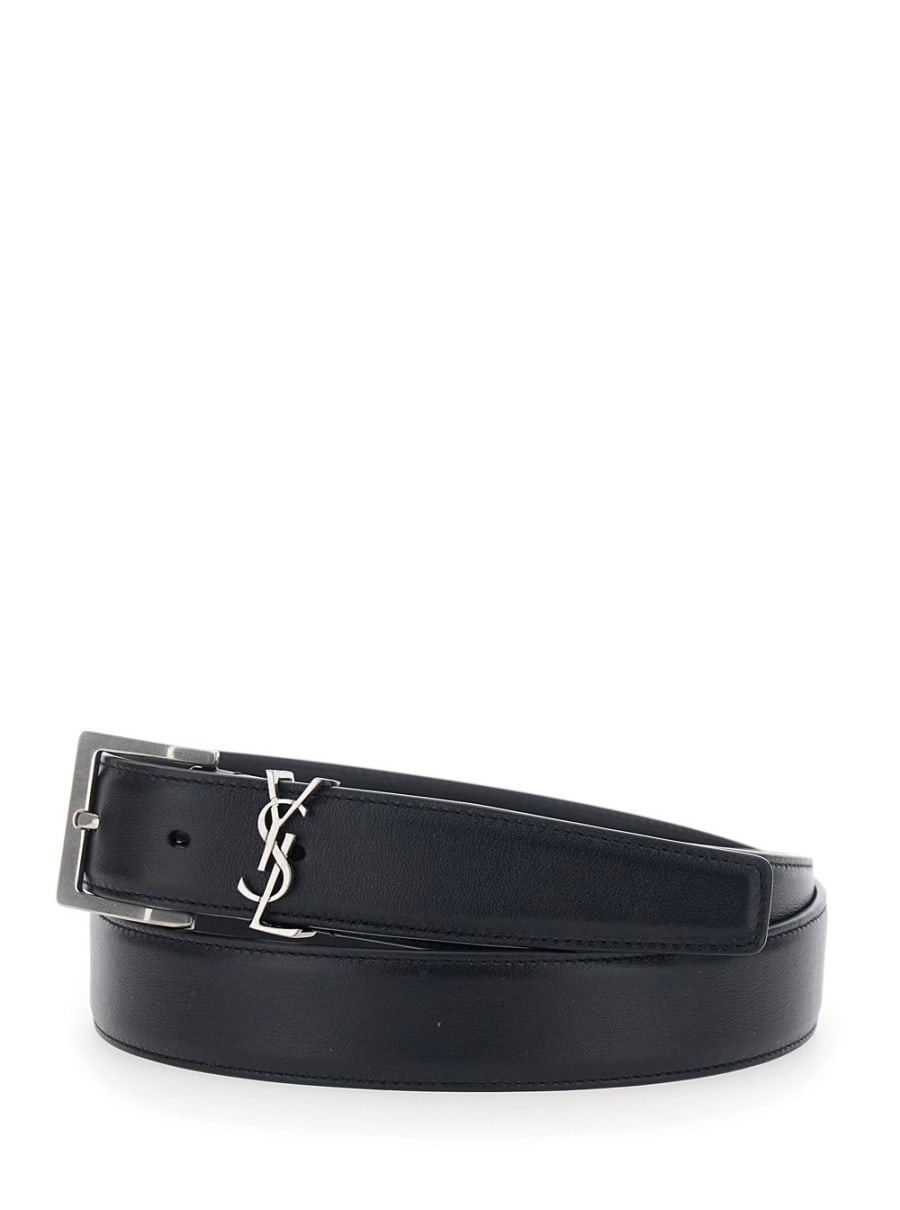Saint Laurent Cintura con Placca Cassandre sul Fronte e Chiusura con Fibbia Regolabile in Pelle Nera Uomo, view 2