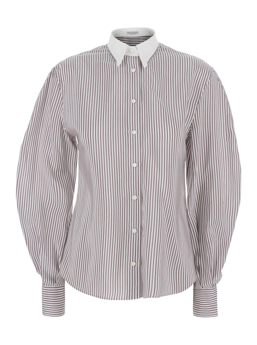 Brunello Cucinelli Camicia con motivo a Righe all-over e maniche a palloncino in Seta marrone donna
