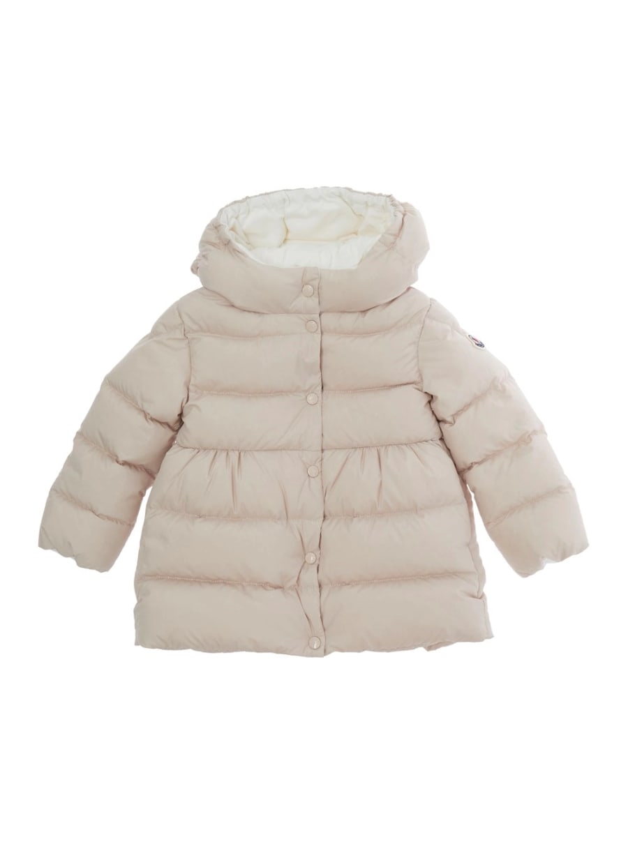 Moncler kids Parka lungo CHARLOTTE con cappuccio e tasche in tessuto tecnico rosa per bambina