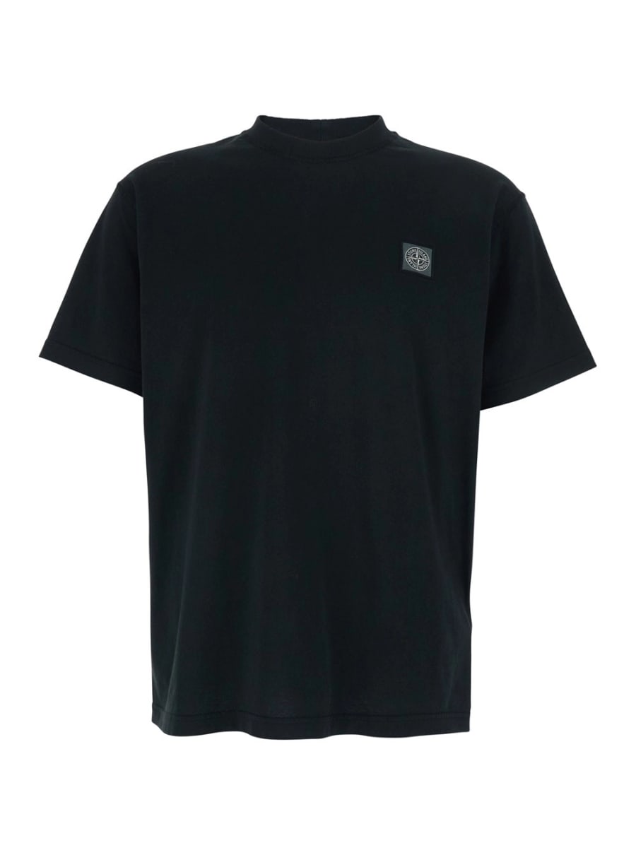 Stone Island T-Shirt Girocollo con Patch Logo sul Fronte in Cotone Nera Uomo