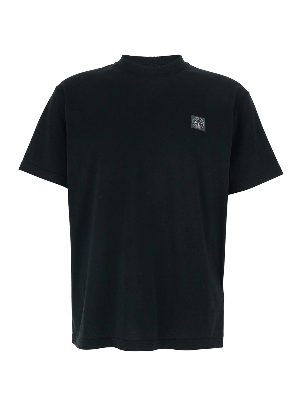 Stone Island T-Shirt Girocollo con Patch Logo sul Fronte in Cotone Nera Uomo