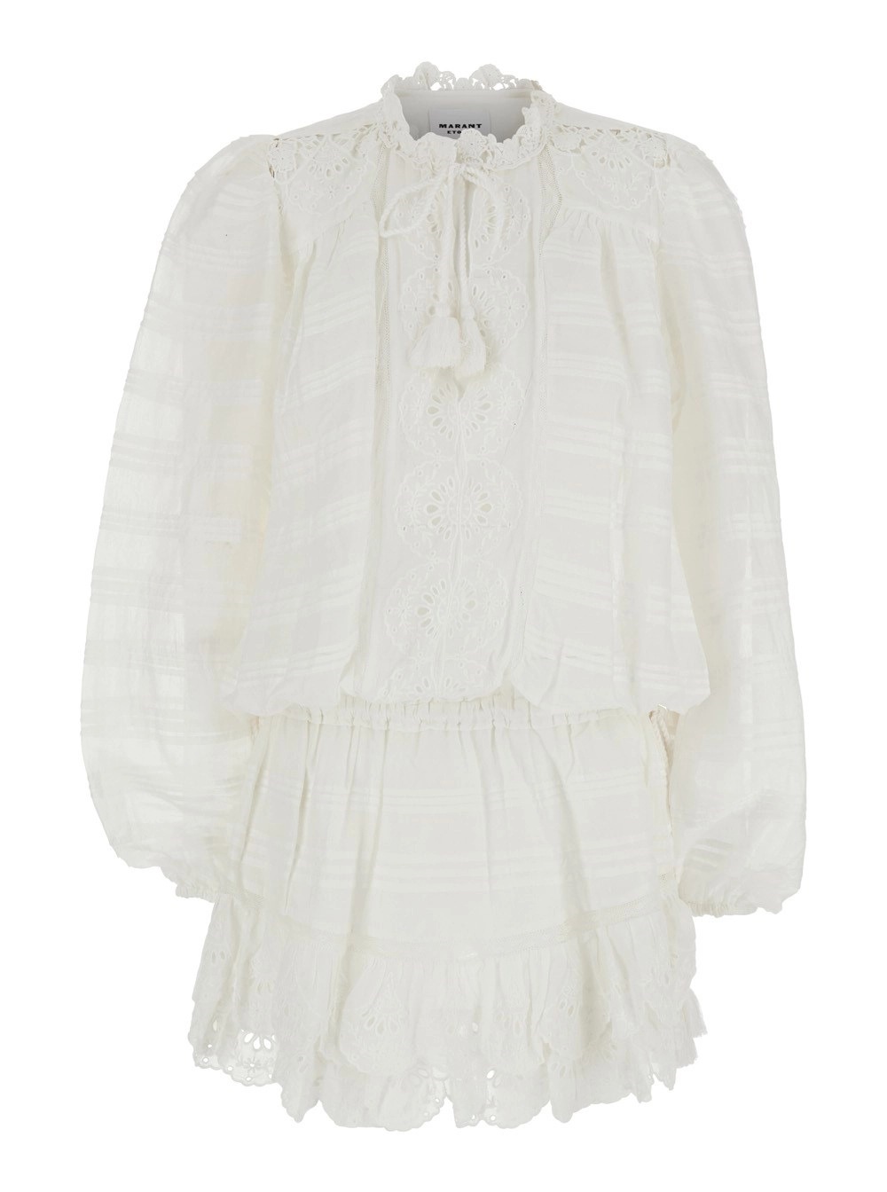 Marant etoile Abito Corto 'Preya' con Ricamo All-Over e Dettaglio con Nappine in Misto Cotone Bianco Donna