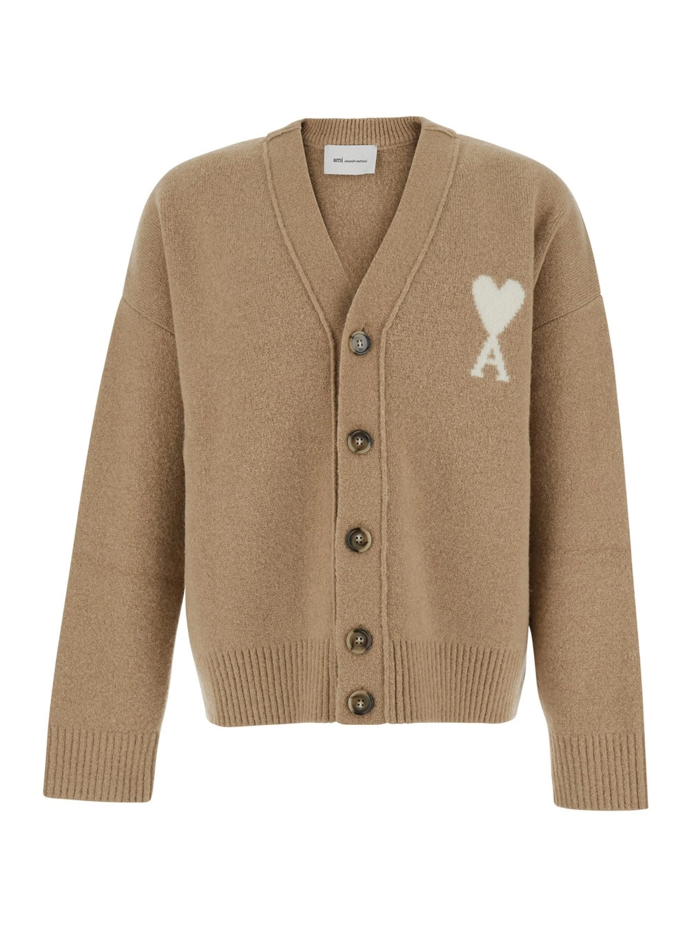 AMI Paris Cardigan V Neck con patch AMI de Coeur in Beige per uomo