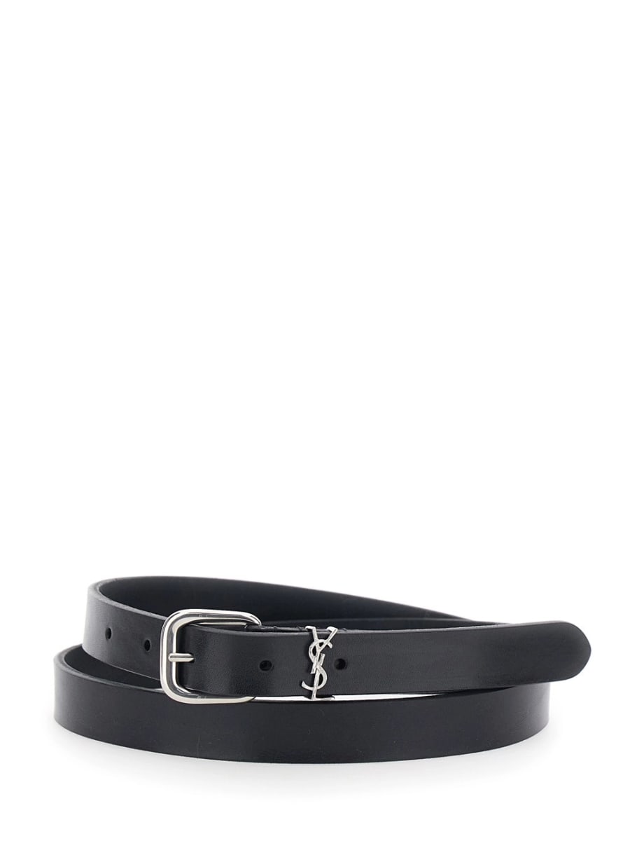 Saint Laurent Cintura con Placca Cassandre sul Fronte e Chiusura con Fibbia Regolabile in Pelle Nera Uomo