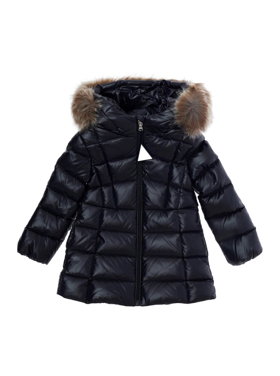 Moncler kids Parka EMMA lungo con cappuccio e tasche in nylon blu per bambina